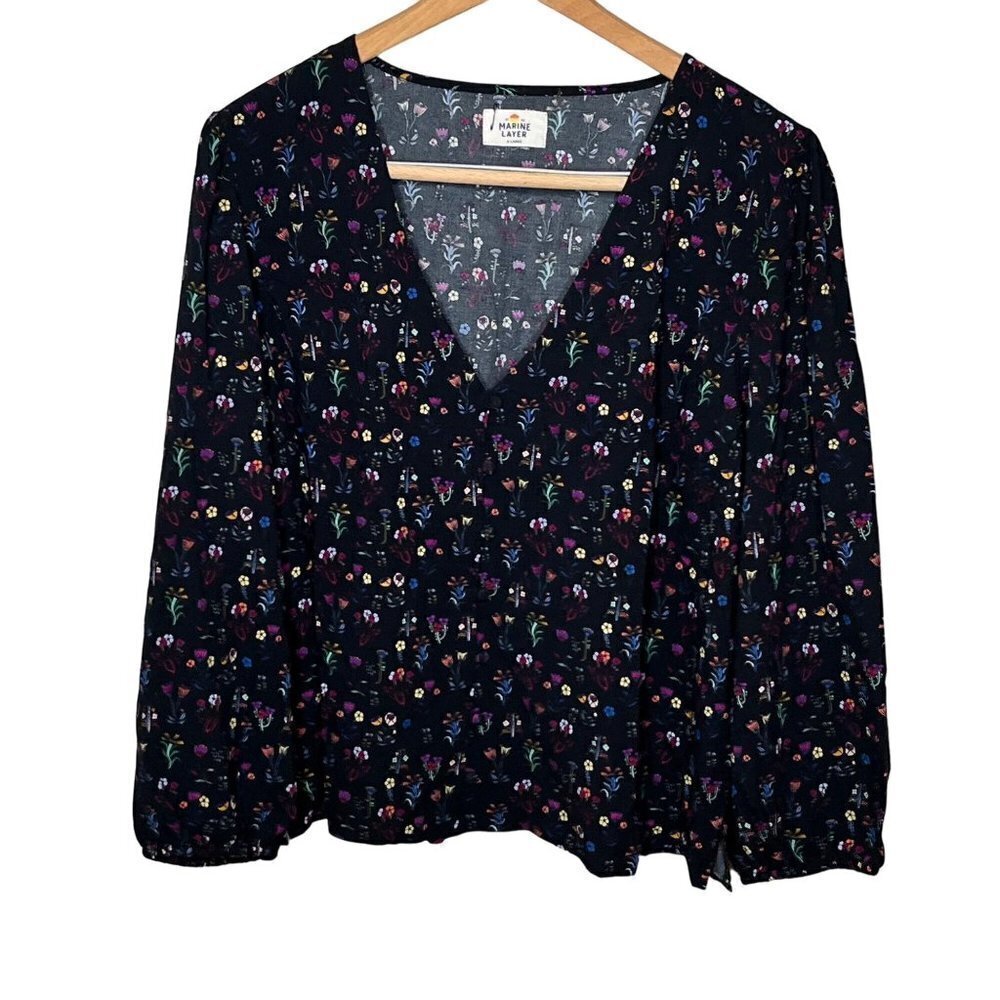 Marine Layer Floral V-Neck Blouse - Black Multicolor
